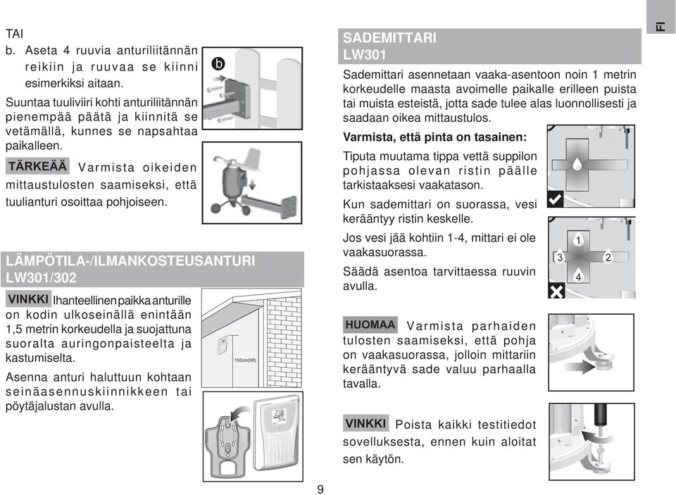 LÄMPÖTILA-/ILMANKOSTEUSANTURI VINKKI Ihanteellinen paikka anturille on kodin ulkoseinällä enintään,5 metrin korkeudella ja suojattuna suoralta auringonpaisteelta ja kastumiselta.