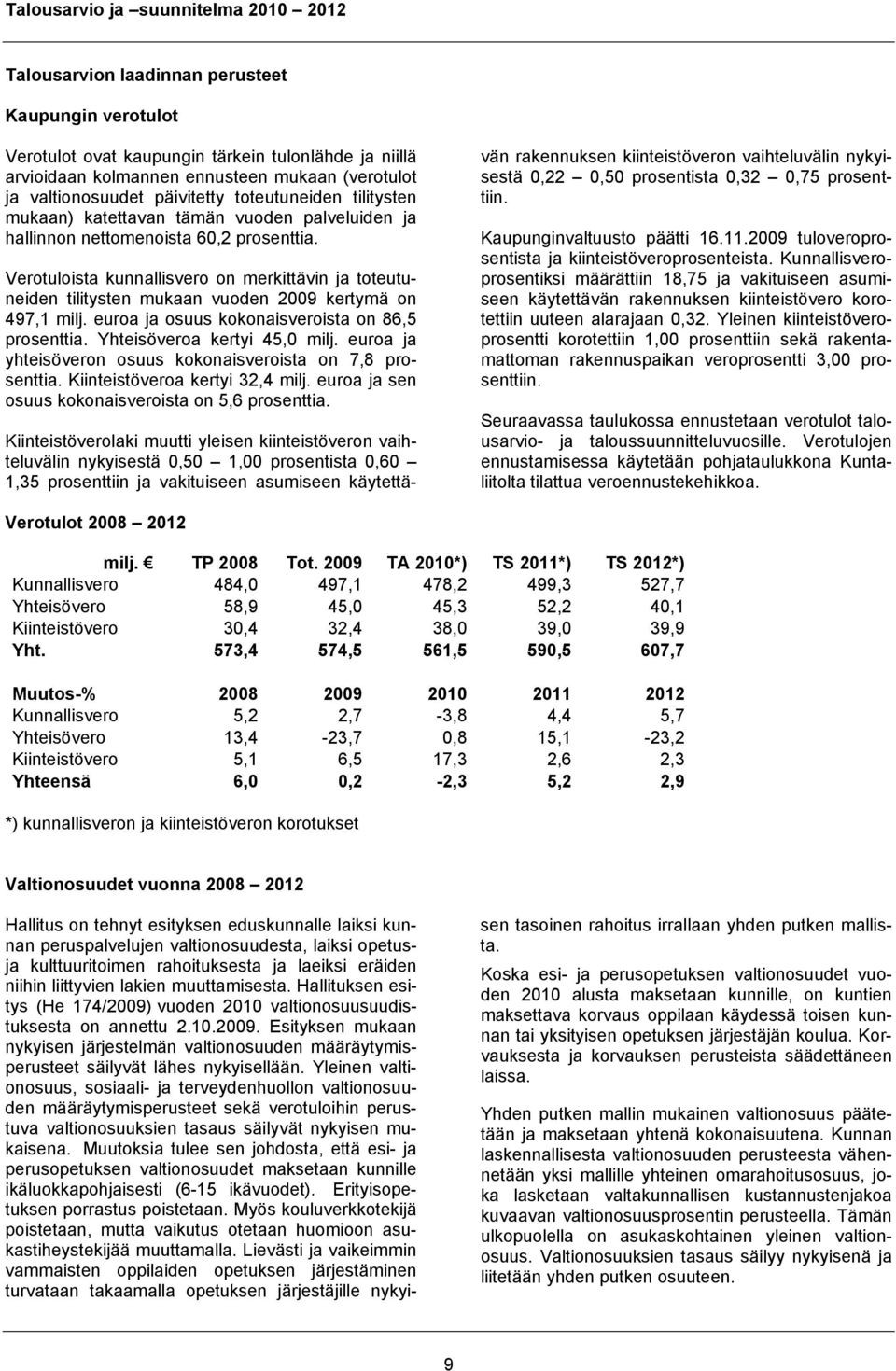 Verotuloista kunnallisvero on merkittävin ja toteutuneiden tilitysten mukaan vuoden 2009 kertymä on 497,1 milj. euroa ja osuus kokonaisveroista on 86,5 prosenttia. Yhteisöveroa kertyi 45,0 milj.