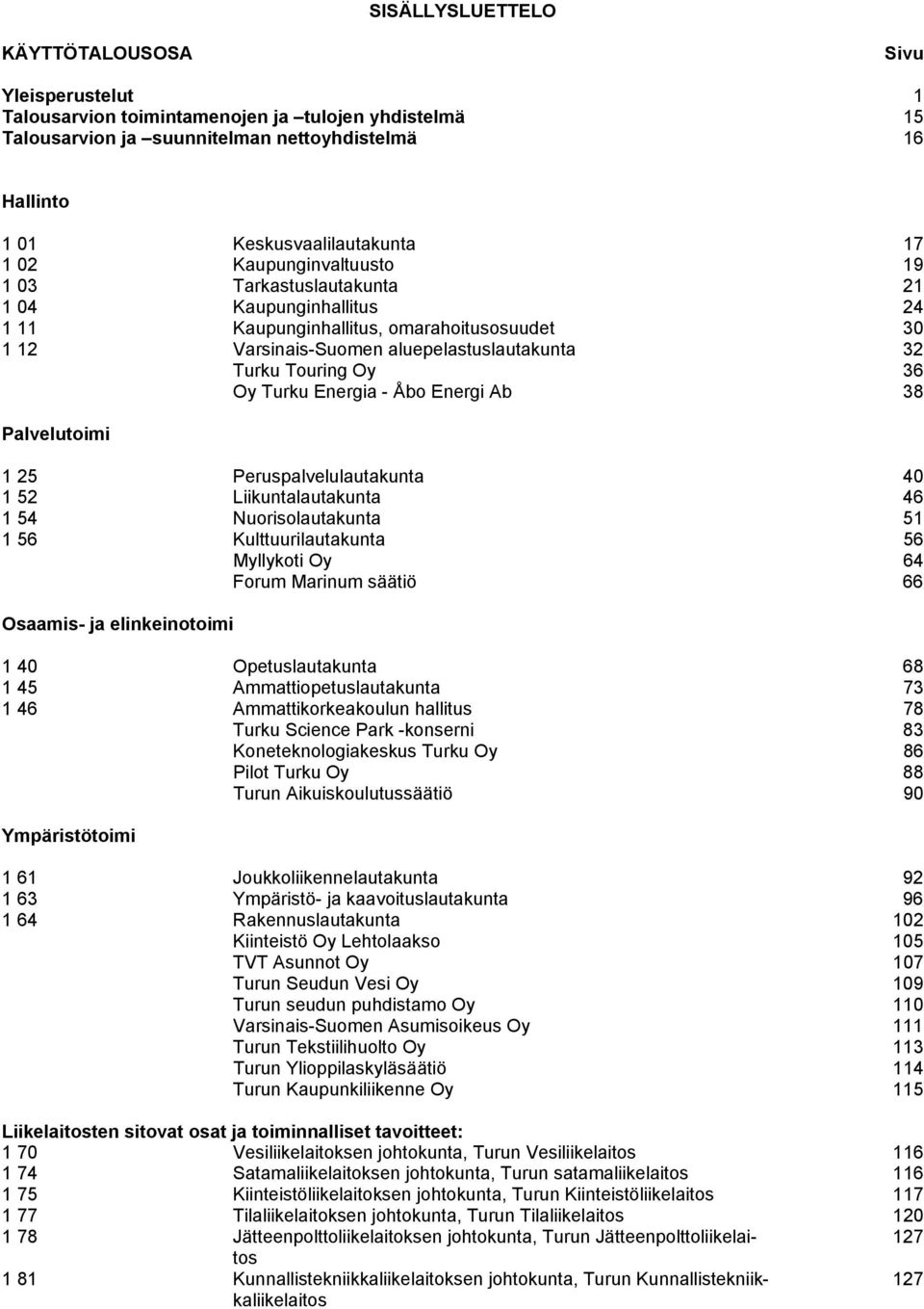 Turku Energia - Åbo Energi Ab 38 Palvelutoimi 1 25 Peruspalvelulautakunta 40 1 52 Liikuntalautakunta 46 1 54 Nuorisolautakunta 51 1 56 Kulttuurilautakunta 56 Myllykoti Oy 64 Forum Marinum säätiö 66