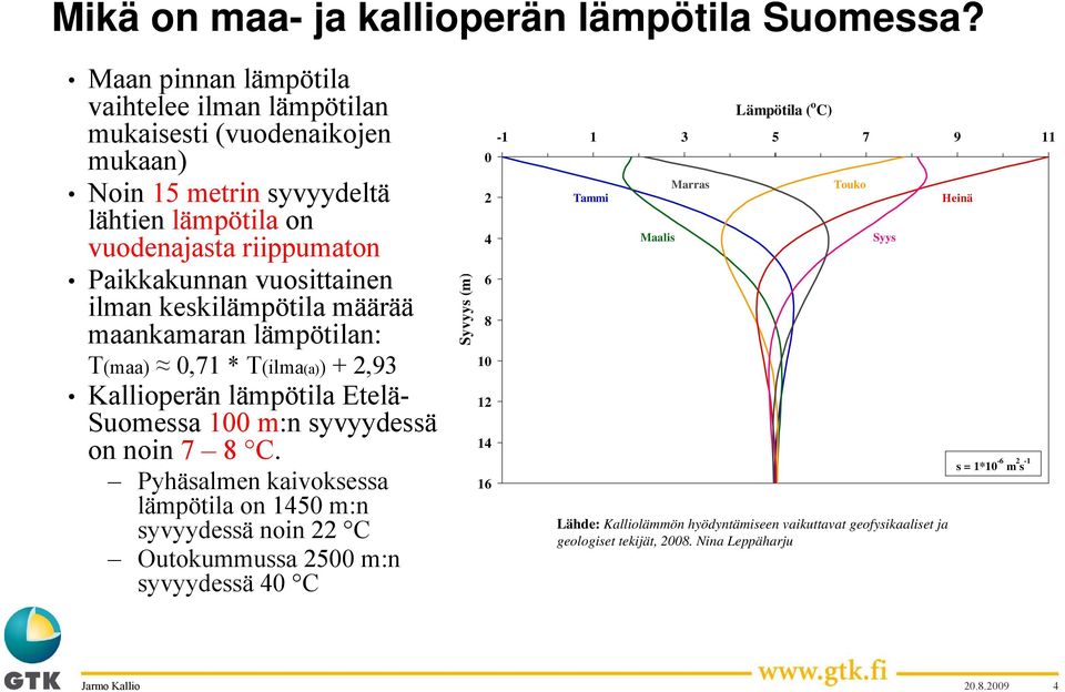 ilman keskilämpötila määrää maankamaran lämpötilan: T(maa) 0,71 * T(ilma(a)) + 2,93 Kallioperän lämpötila Etelä- Suomessa 100 m:n syvyydessä on noin 7 8 C.