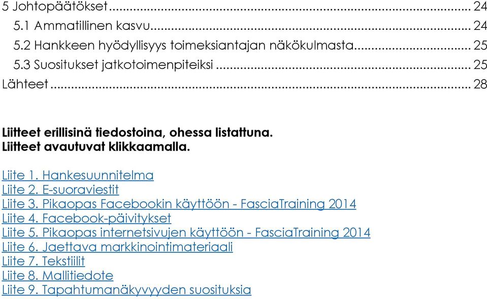 Liite 1. Hankesuunnitelma Liite 2. E-suoraviestit Liite 3. Pikaopas Facebookin käyttöön - FasciaTraining 2014 Liite 4.