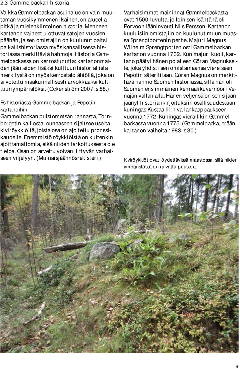 Historia Gammelbackassa on kerrostunutta: kartanonmaiden jäänteiden lisäksi kulttuurihistoriallista merkitystä on myös kerrostalolähiöllä, joka on arvotettu maakunnallisesti arvokkaaksi