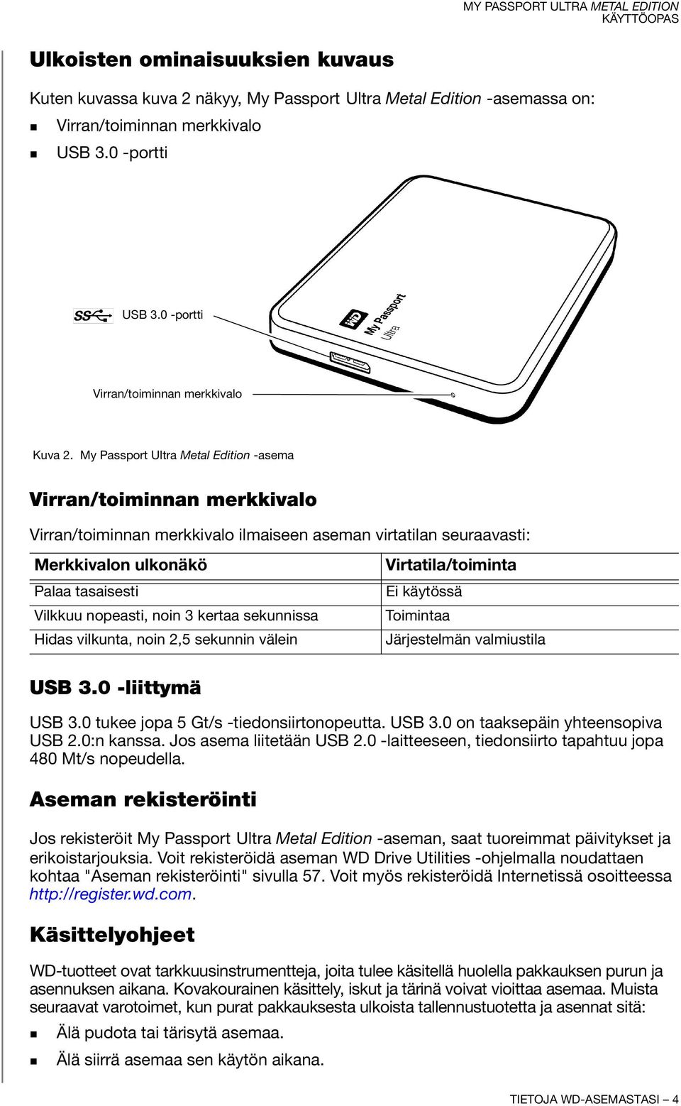 My Passport Ultra Metal Edition -asema Virran/toiminnan merkkivalo Virran/toiminnan merkkivalo ilmaiseen aseman virtatilan seuraavasti: Merkkivalon ulkonäkö Palaa tasaisesti Vilkkuu nopeasti, noin 3