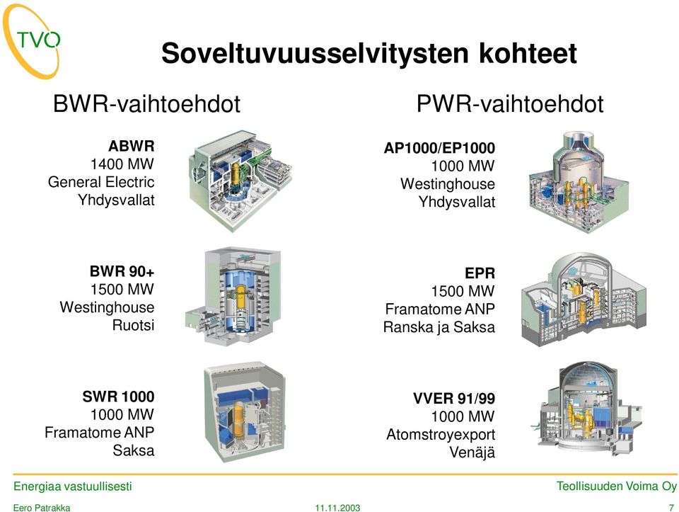 BWR 90+ 1500 MW Westinghouse Ruotsi EPR 1500 MW Framatome ANP Ranska ja Saksa
