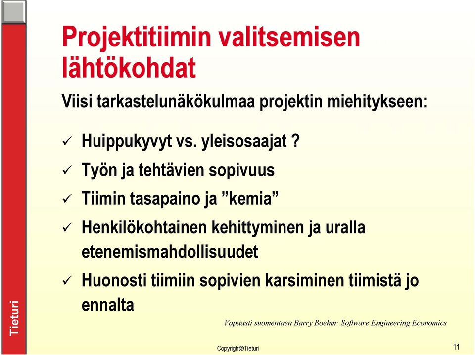 Työn ja tehtävien sopivuus Tiimin tasapaino ja kemia Henkilökohtainen kehittyminen ja