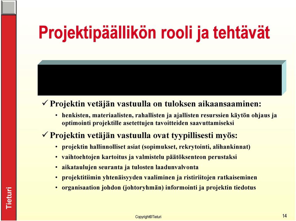 vetäjän vastuulla ovat tyypillisesti myös: projektin hallinnolliset asiat (sopimukset, rekrytointi, alihankinnat) vaihtoehtojen kartoitus ja valmistelu päätöksenteon perustaksi