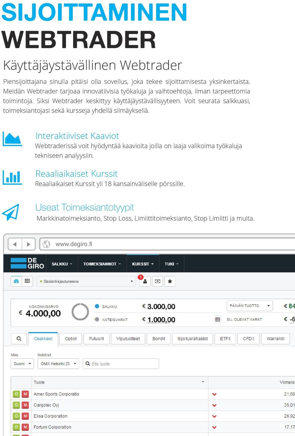 Voit seurata salkkuasi, toimeksiantojasi sekä kursseja yhdellä silmäyksellä.