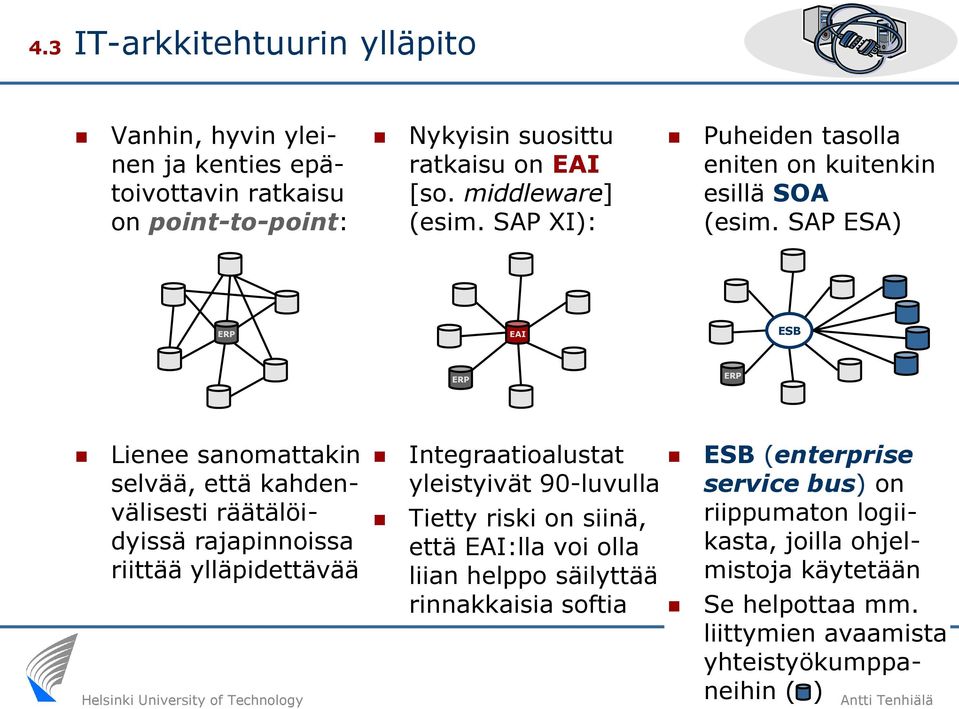 SAP ESA) ERP EAI ESB ERP ERP Lienee sanomattakin selvää, että kahdenvälisesti räätälöidyissä rajapinnoissa riittää ylläpidettävää Integraatioalustat