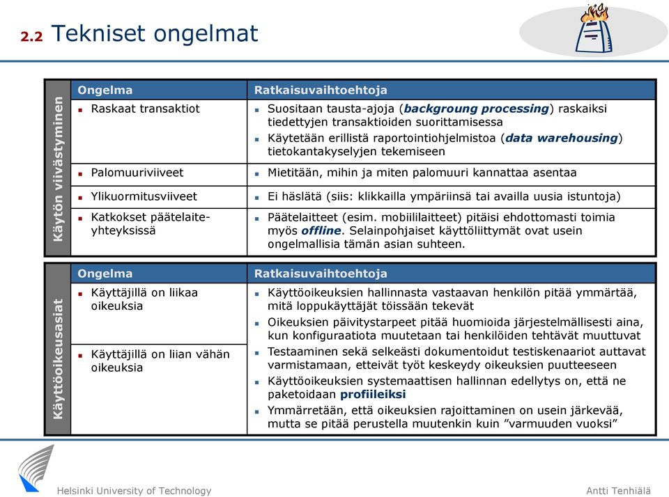 raportointiohjelmistoa (data warehousing) tietokantakyselyjen tekemiseen Palomuuriviiveet Mietitään, mihin ja miten palomuuri kannattaa asentaa Ylikuormitusviiveet Ei häslätä (siis: klikkailla