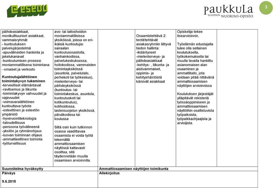 esteetön ympäristö -hyvinvointiteknologia -taloudellisuus -persoona työvälineenä -yksilön ja ryhmänohjaus -luovan toiminnan ohjaus -ammattieettinen toiminta -työturvallisuus avo- tai laitoshoidon