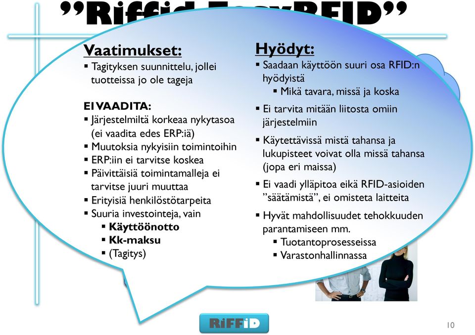 Päivittäisiä toimintamalleja ei tarvitse juuri muuttaa Erityisiä henkilöstötarpeita Suuria investointeja, vain Käyttöönotto Kk-maksu (Tagitys) ERP Hyödyt: Information RFID Saadaan käyttöön suuri osa