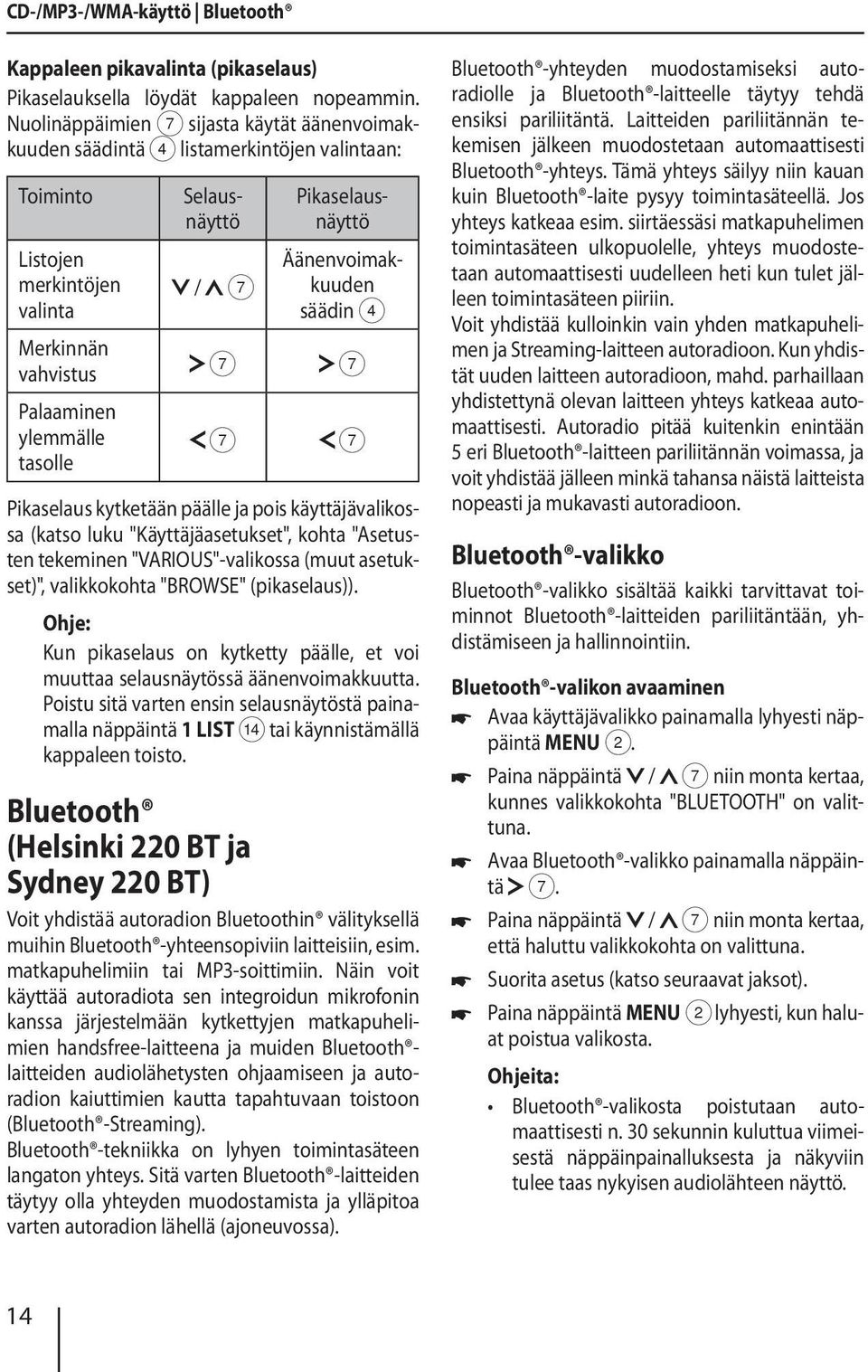 Pikaselausnäyttö Äänenvoimakkuuden säädin 4 7 7 7 7 Pikaselaus kytketään päälle ja pois käyttäjävalikossa (katso luku "Käyttäjäasetukset", kohta "Asetusten tekeminen "VARIOUS"-valikossa (muut