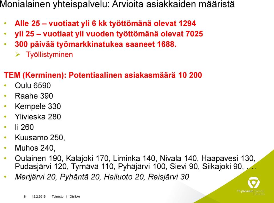 Työllistyminen TEM (Kerminen): Potentiaalinen asiakasmäärä 10 200 Oulu 6590 Raahe 390 Kempele 330 Ylivieska 280 Ii 260 Kuusamo 250,