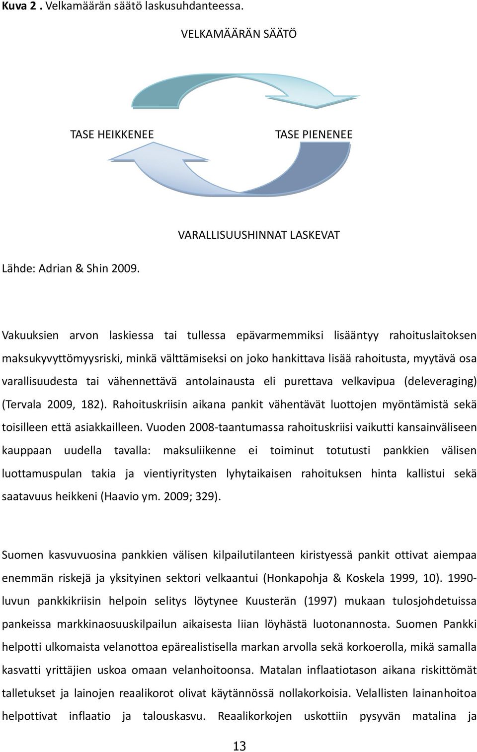 vähennettävä antolainausta eli purettava velkavipua (deleveraging) (Tervala 2009, 182). Rahoituskriisin aikana pankit vähentävät luottojen myöntämistä sekä toisilleen että asiakkailleen.