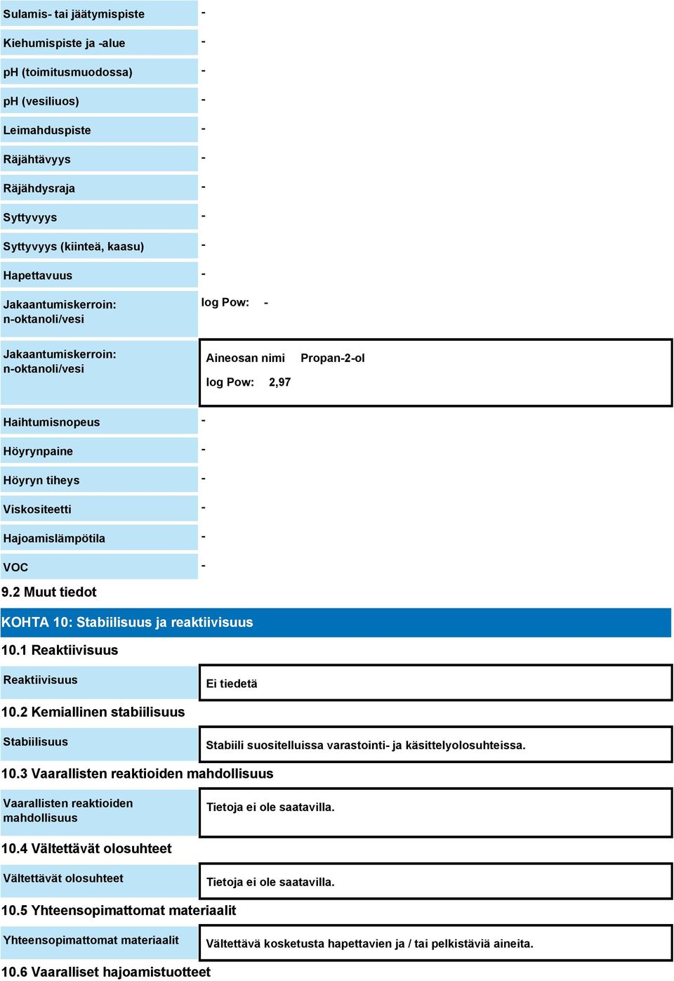 Hajoamislämpötila - VOC - 9.2 Muut tiedot KOHTA 10: Stabiilisuus ja reaktiivisuus 10.1 Reaktiivisuus Reaktiivisuus Ei tiedetä 10.