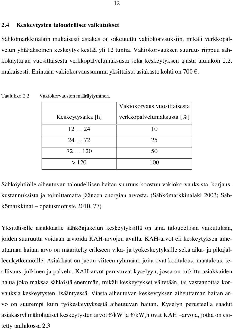 Taulukko 2.2 Vakiokorvausten määräytyminen.