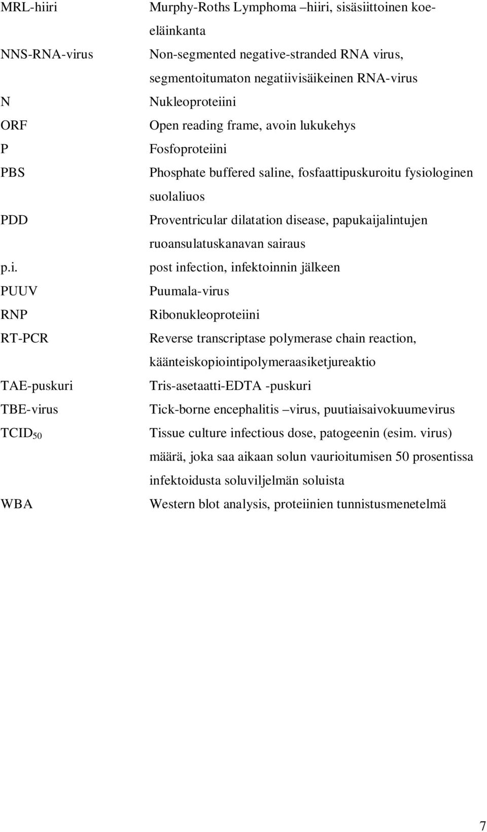 segmentoitumaton negatiivisäikeinen RNA-virus Nukleoproteiini Open reading frame, avoin lukukehys Fosfoproteiini Phosphate buffered saline, fosfaattipuskuroitu fysiologinen suolaliuos Proventricular