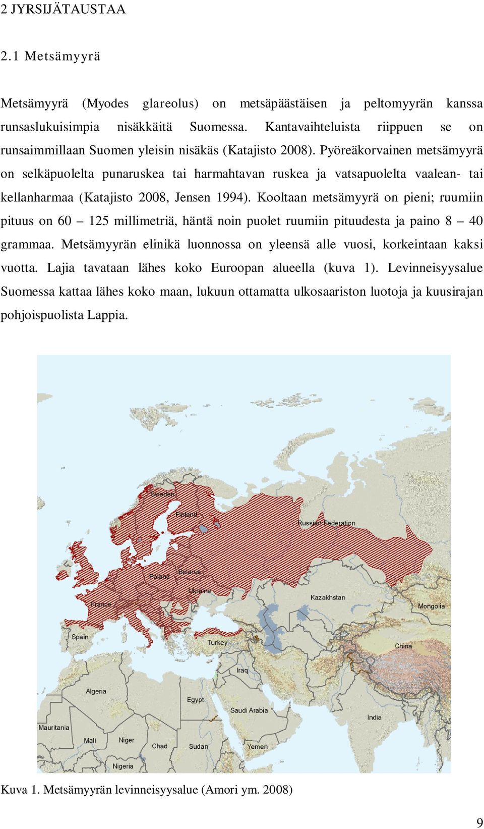 Pyöreäkorvainen metsämyyrä on selkäpuolelta punaruskea tai harmahtavan ruskea ja vatsapuolelta vaalean- tai kellanharmaa (Katajisto 2008, Jensen 1994).