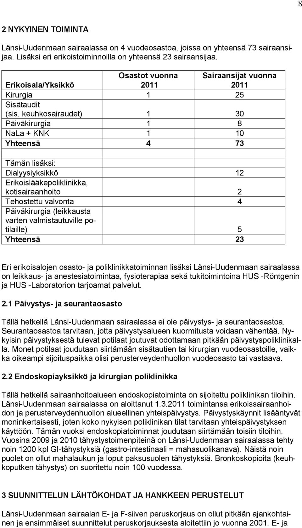 keuhkosairaudet) 1 30 Päiväkirurgia 1 8 NaLa + KNK 1 10 Yhteensä 4 73 Tämän lisäksi: Dialyysiyksikkö 12 Erikoislääkepoliklinikka, kotisairaanhoito 2 Tehostettu valvonta 4 Päiväkirurgia (leikkausta