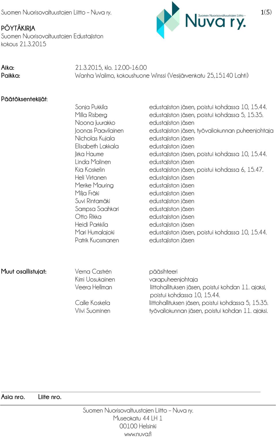 Linda Malinen Kia Koskelin, poistui kohdassa 6, 15.47. Heli Virtanen Merike Mauring Milja Fräki Suvi Rintamäki Sampsa Saahkari Otto Rikka Heidi Parkkila Mari Humalajoki, poistui kohdassa 10, 15.44.