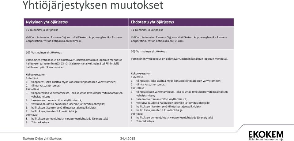 10 Varsinainen yhtiökokous Varsinainen yhtiökokous on pidettävä vuosittain kesäkuun loppuun mennessä hallituksen tarkemmin määräämänä ajankohtana Helsingissä tai Riihimäellä hallituksen päätöksen