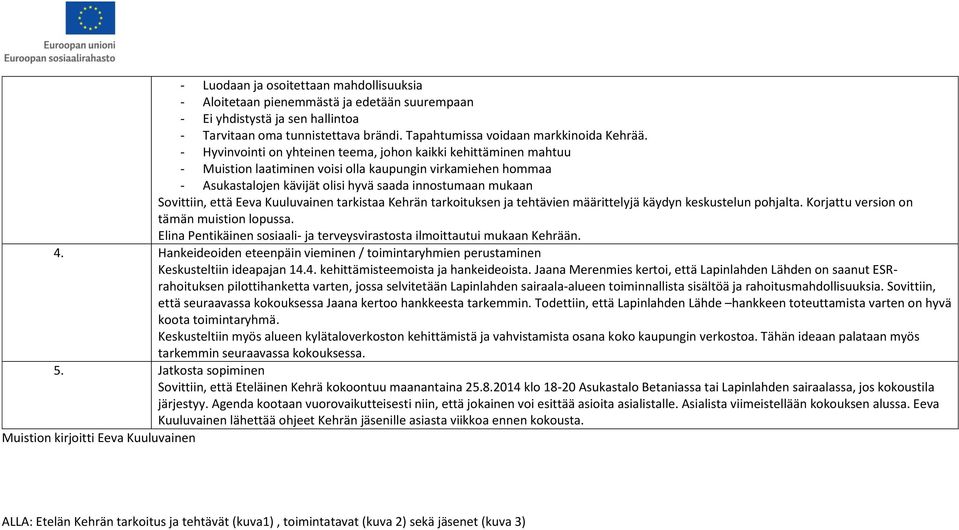 että Eeva Kuuluvainen tarkistaa Kehrän tarkoituksen ja tehtävien määrittelyjä käydyn keskustelun pohjalta. Korjattu version on tämän muistion lopussa.