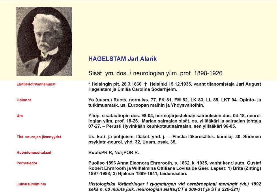 Euroopan maihin ja Yhdysvaltoihin. Yliop. sisätautiopin dos. 98-04, hermojärjestelmän sairauksien dos. 04-18, neurologian ylim. prof. 18-26. Marian sairaalan sisät. os.