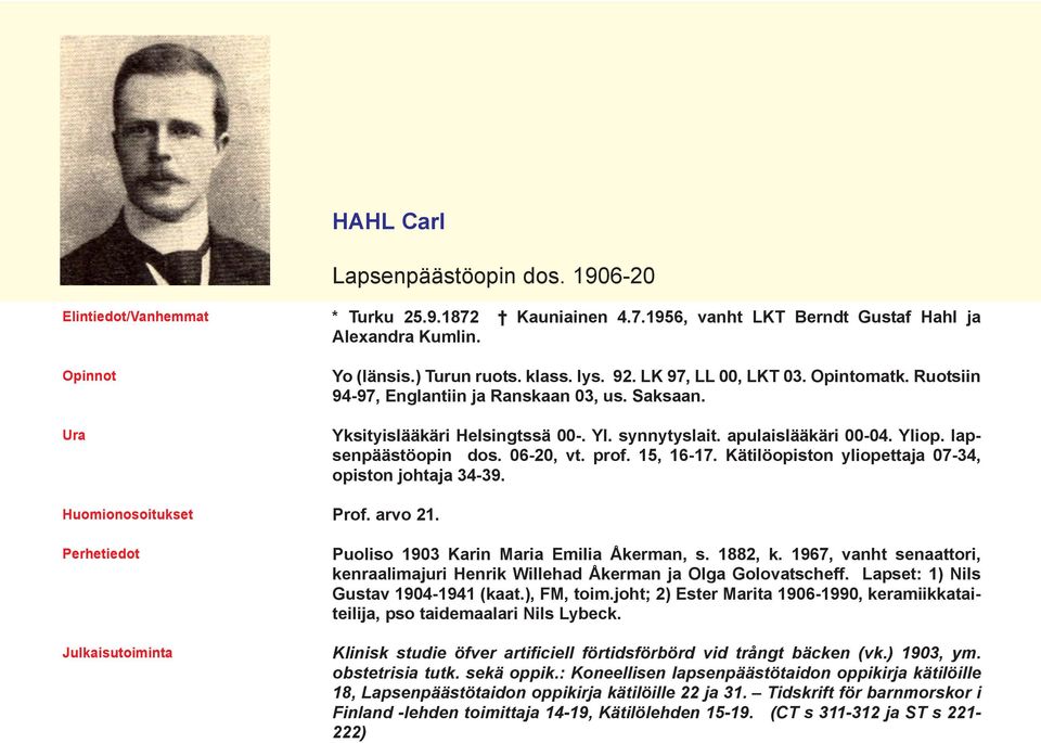 06-20, vt. prof. 15, 16-17. Kätilöopiston yliopettaja 07-34, opiston johtaja 34-39. Prof. arvo 21. Puoliso 1903 Karin Maria Emilia Åkerman, s. 1882, k.