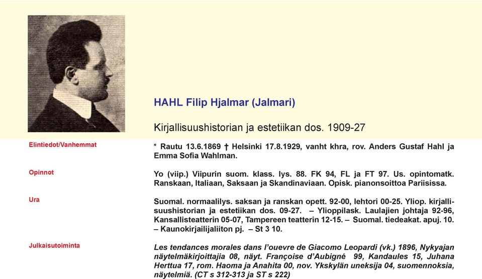 Yliop. kirjallisuushistorian ja estetiikan dos. 09-27. Ylioppilask. Laulajien johtaja 92-96, Kansallisteatterin 05-07, Tampereen teatterin 12-15. Suomal. tiedeakat. apuj. 10. Kaunokirjailijaliiton pj.