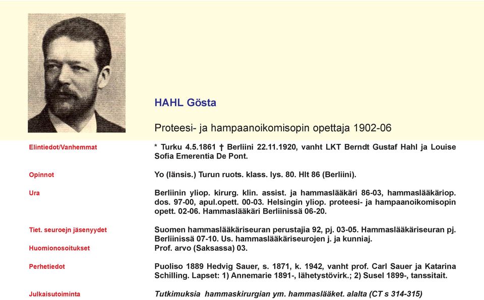 ja hammaslääkäri 86-03, hammaslääkäriop. dos. 97-00, apul.opett. 00-03. Helsingin yliop. proteesi- ja hampaanoikomisopin opett. 02-06. Hammaslääkäri Berliinissä 06-20.