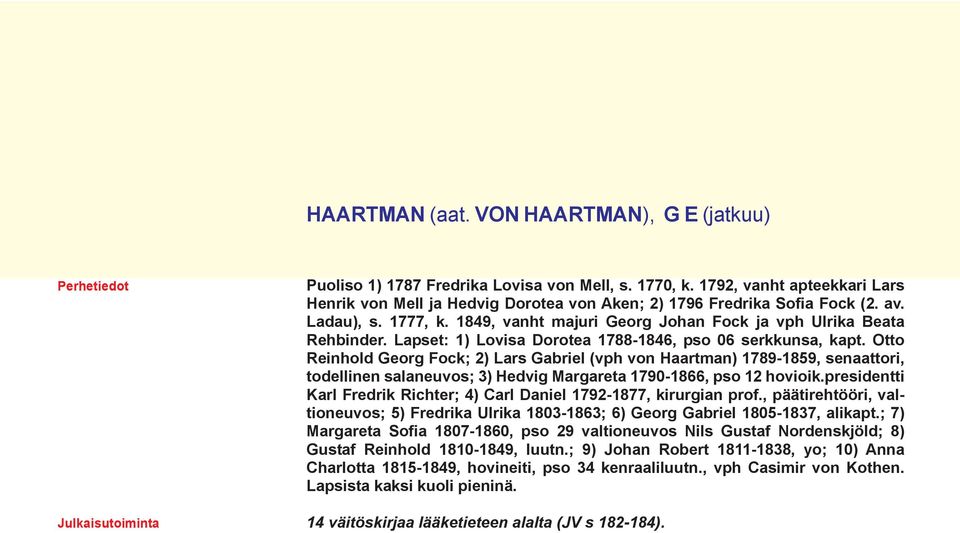 Otto Reinhold Georg Fock; 2) Lars Gabriel (vph von Haartman) 1789-1859, senaattori, todellinen salaneuvos; 3) Hedvig Margareta 1790-1866, pso 12 hovioik.