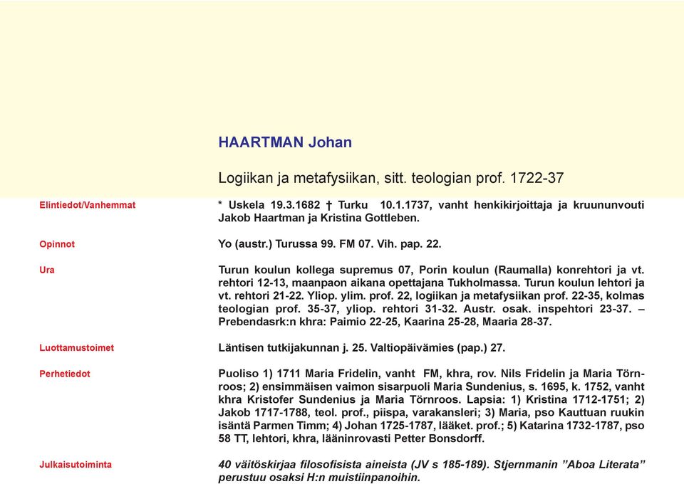 Turun koulun lehtori ja vt. rehtori 21-22. Yliop. ylim. prof. 22, logiikan ja metafysiikan prof. 22-35, kolmas teologian prof. 35-37, yliop. rehtori 31-32. Austr. osak. inspehtori 23-37.