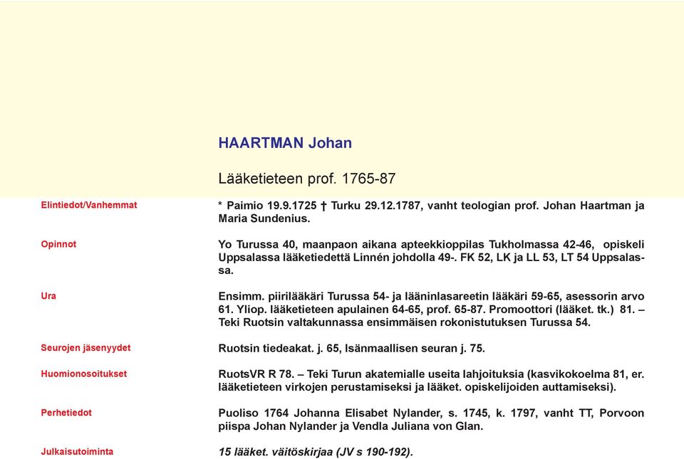 piirilääkäri Turussa 54- ja lääninlasareetin lääkäri 59-65, asessorin arvo 61. Yliop. lääketieteen apulainen 64-65, prof. 65-87. Promoottori (lääket. tk.) 81.