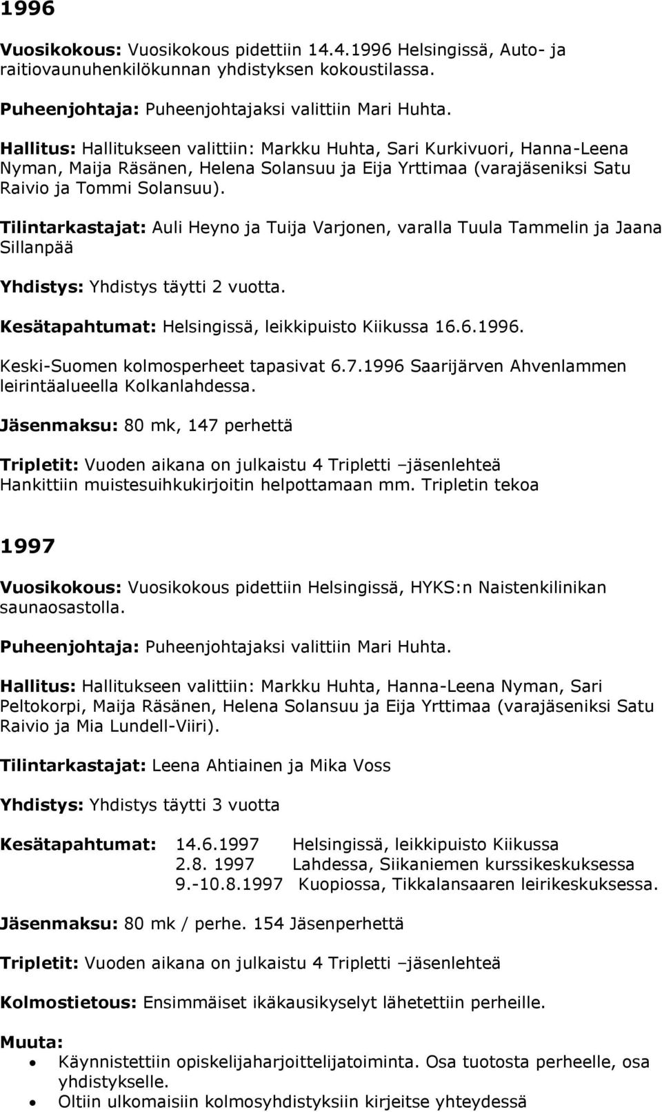 Tilintarkastajat: Auli Heyno ja Tuija Varjonen, varalla Tuula Tammelin ja Jaana Sillanpää Yhdistys: Yhdistys täytti 2 vuotta. Kesätapahtumat: Helsingissä, leikkipuisto Kiikussa 16.6.1996.