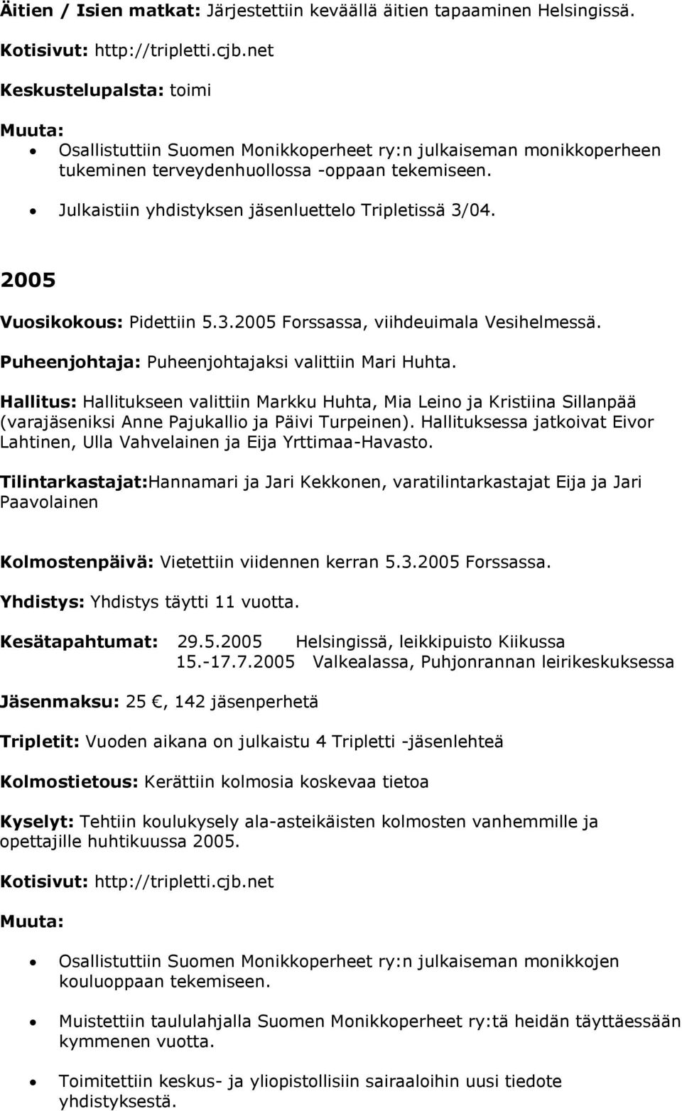 Julkaistiin yhdistyksen jäsenluettelo Tripletissä 3/04. 2005 Vuosikokous: Pidettiin 5.3.2005 Forssassa, viihdeuimala Vesihelmessä.