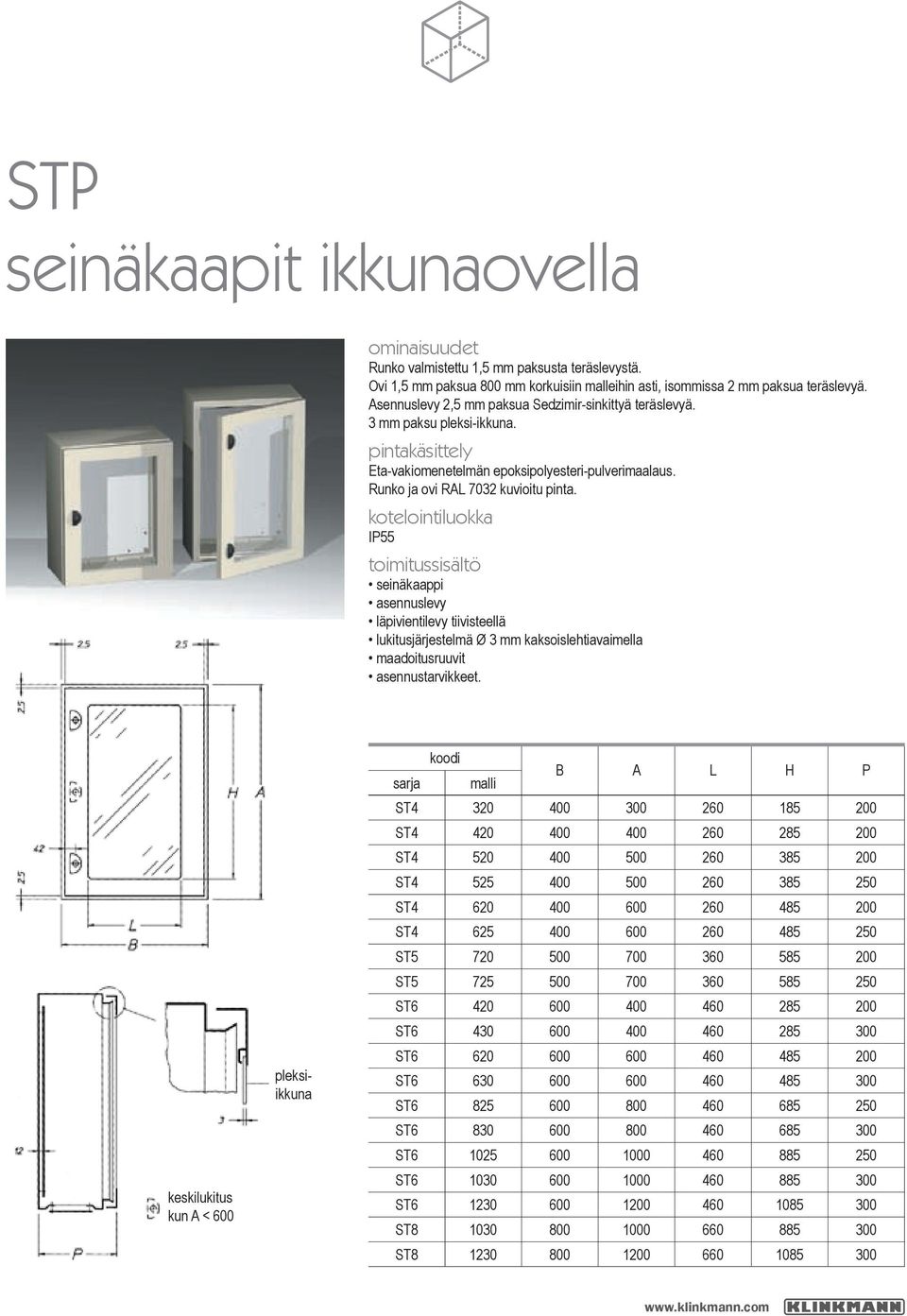 kotelointiluokka IP55 toimitussisältö seinäkaappi asennuslevy läpivientilevy tiivisteellä lukitusjärjestelmä Ø 3 mm kaksoislehtiavaimella maadoitusruuvit asennustarvikkeet.