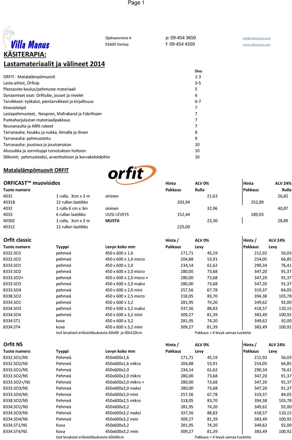 com Sivu ORFIT: Matalalämpömuovit 1-3 Lasta-aihiot, Orfizip 3-5 Plastazote-kaulus/pehmuste materiaali 5 Dynaamiset osat: Orfitube, jouset ja nivelet 6 Tarvikkeet: työkalut, pientarvikkeet ja