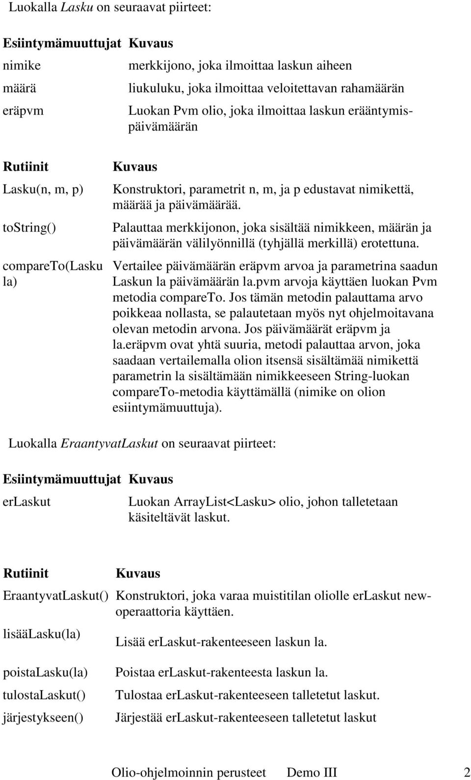 Palauttaa merkkijonon, joka sisältää nimikkeen, määrän ja päivämäärän välilyönnillä (tyhjällä merkillä) erotettuna. Vertailee päivämäärän eräpvm arvoa ja parametrina saadun Laskun la päivämäärän la.