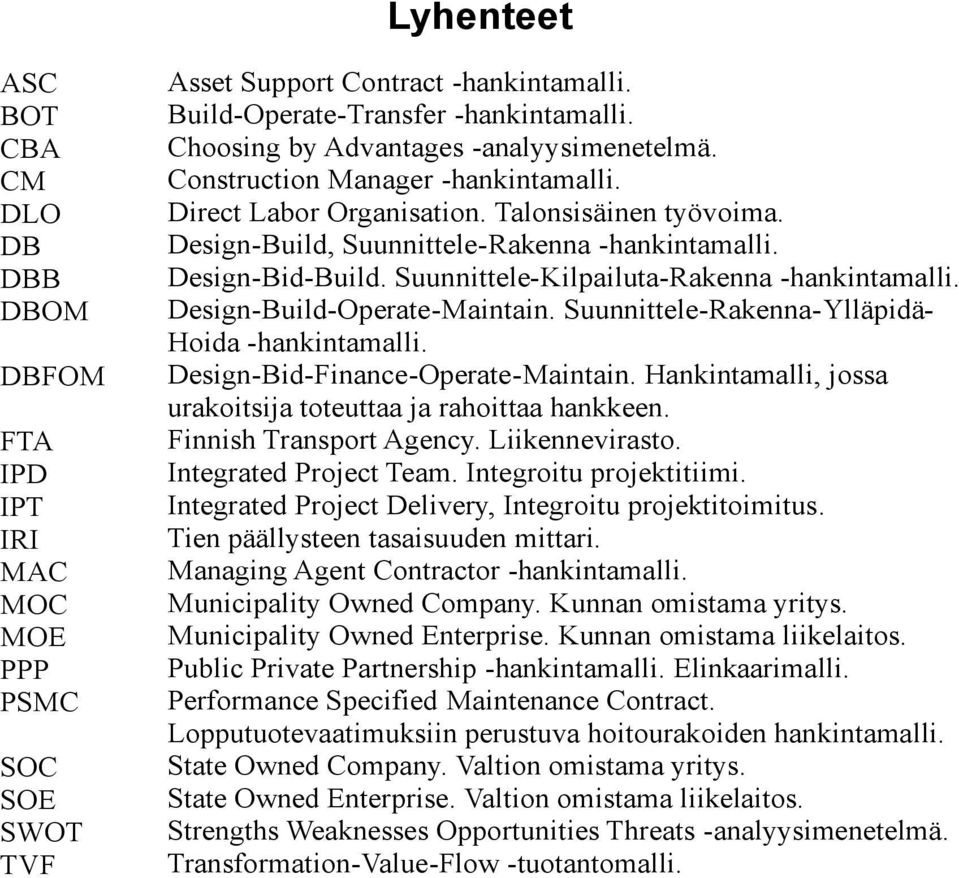 Suunnittele-Kilpailuta-Rakenna -hankintamalli. Design-Build-Operate-Maintain. Suunnittele-Rakenna-Ylläpidä- Hoida -hankintamalli. Design-Bid-Finance-Operate-Maintain.