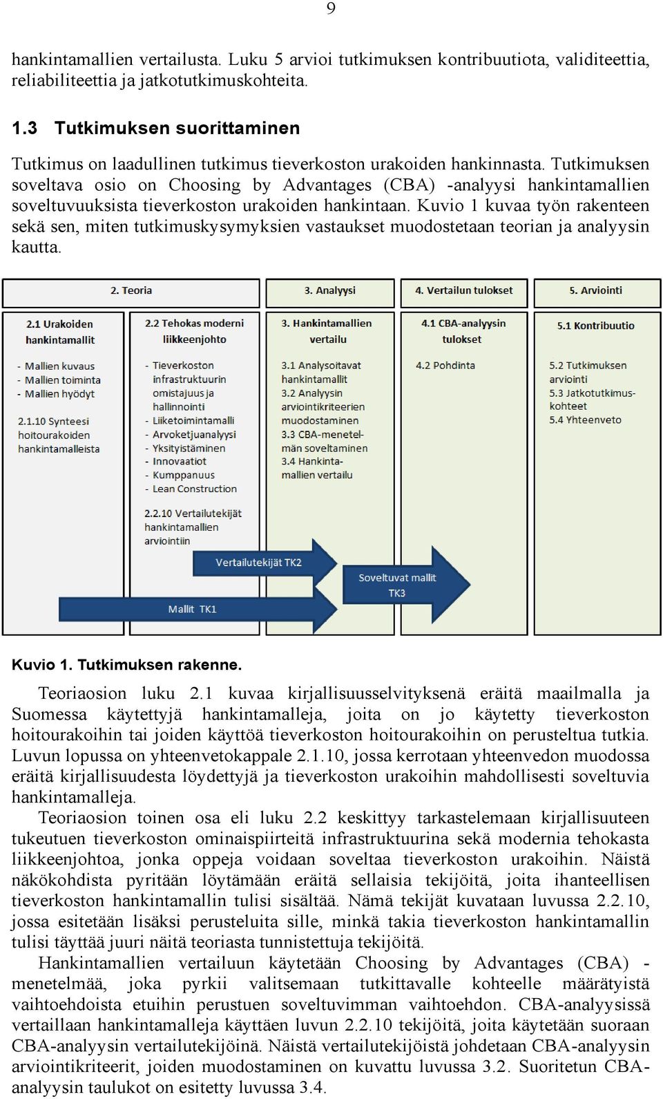 Tutkimuksen soveltava osio on Choosing by Advantages (CBA) -analyysi hankintamallien soveltuvuuksista tieverkoston urakoiden hankintaan.