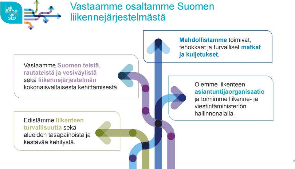 Vastaamme Suomen teistä, rautateistä ja vesiväylistä sekä liikennejärjestelmän kokonaisvaltaisesta