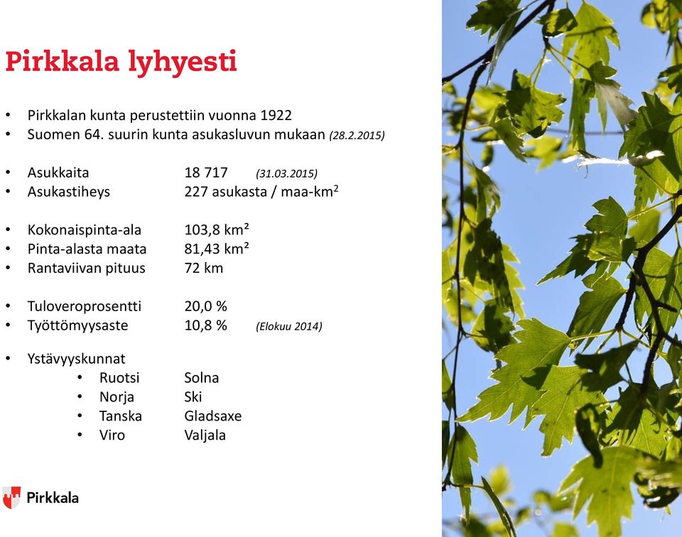 81,43 km² Rantaviivan pituus 72 km Tuloveroprosentti 20,0 % Työttömyysaste 10,8 % (Elokuu