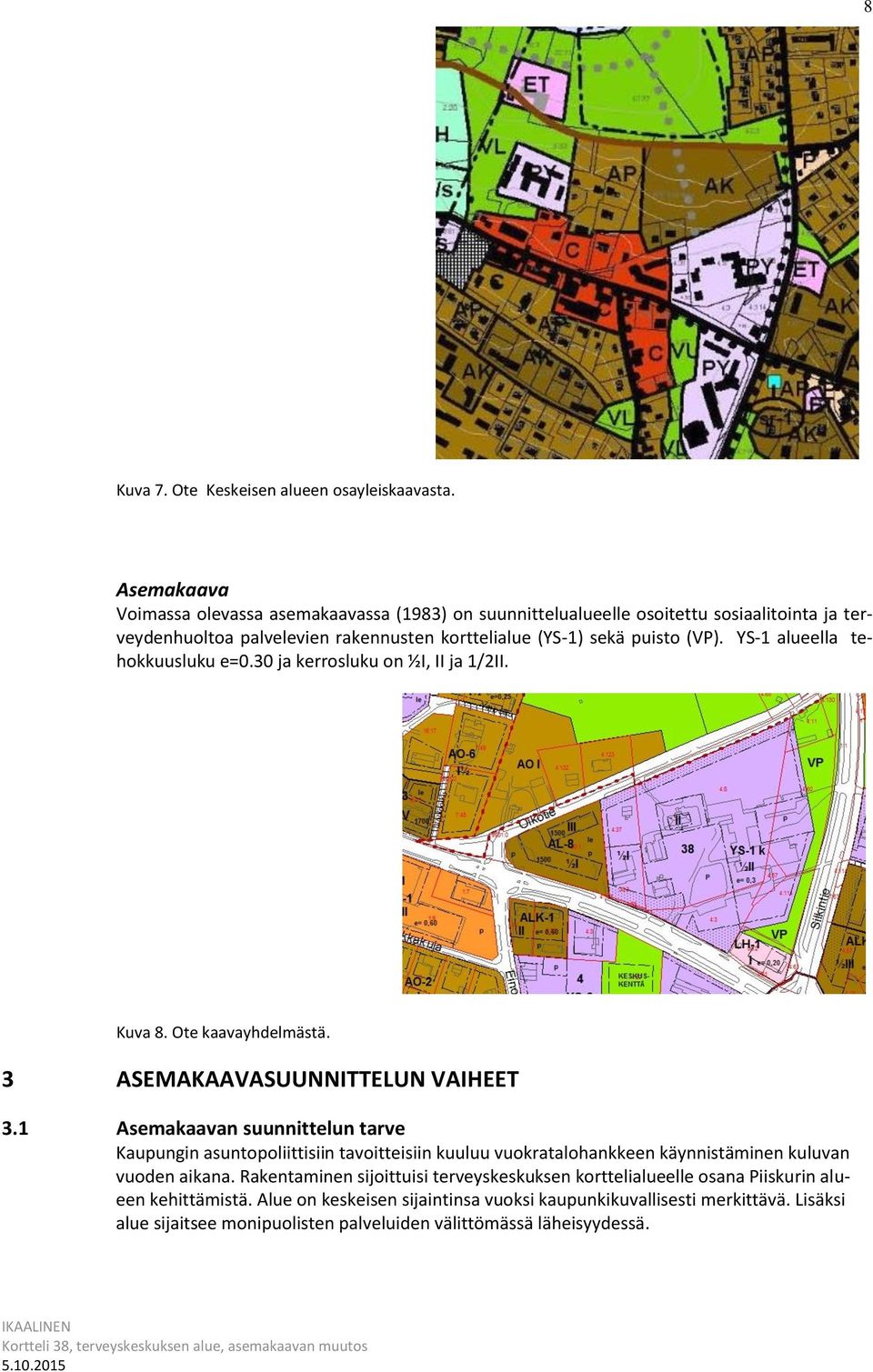 YS-1 alueella tehokkuusluku e=0.30 ja kerrosluku on ½I, II ja 1/2II. Kuva 8. Ote kaavayhdelmästä. 3 ASEMAKAAVASUUNNITTELUN VAIHEET 3.