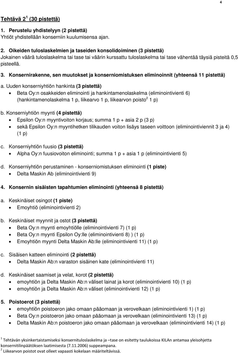 Uuden konserniyhtiön hankinta (3 pistettä) Beta Oy:n osakkeiden eliminointi ja hankintamenolaskelma (eliminointivienti 6) (hankintamenolaskelma 1 p, liikearvo 1 p, liikearvon poisto 2 1 p) b.