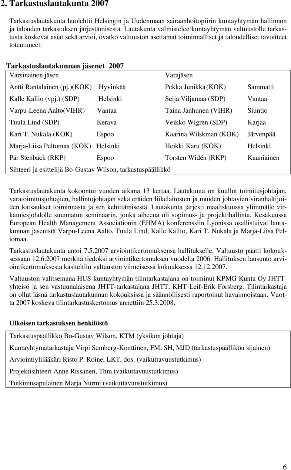 Tarkastuslautakunnan jäsenet 2007 Varsinainen jäsen Varajäsen Antti Rantalainen (pj.)(kok) Hyvinkää Pekka Junikka (KOK) Sammatti Kalle Kallio (vpj.