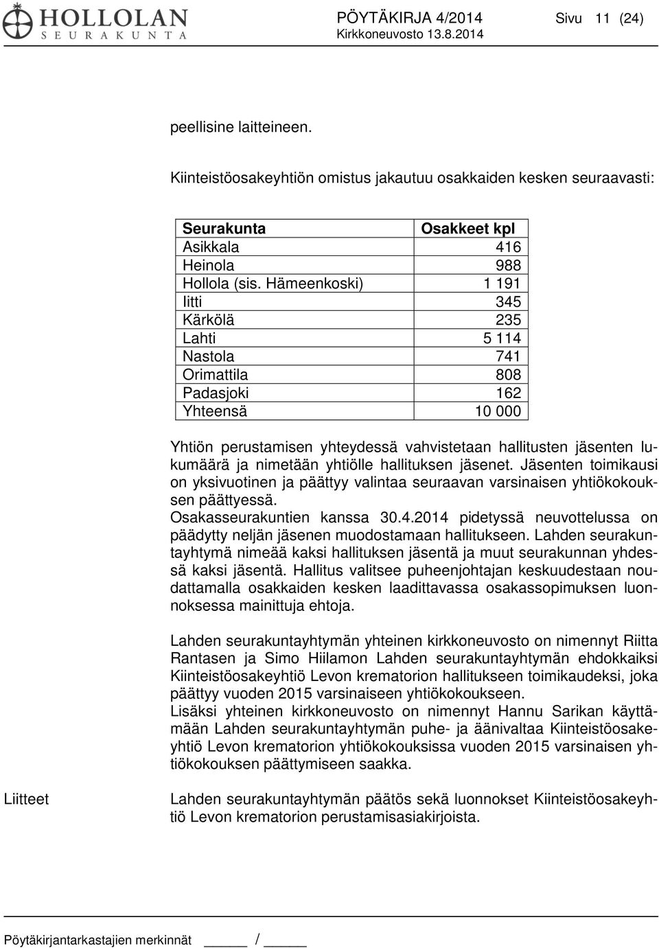 yhtiölle hallituksen jäsenet. Jäsenten toimikausi on yksivuotinen ja päättyy valintaa seuraavan varsinaisen yhtiökokouksen päättyessä. Osakasseurakuntien kanssa 30.4.