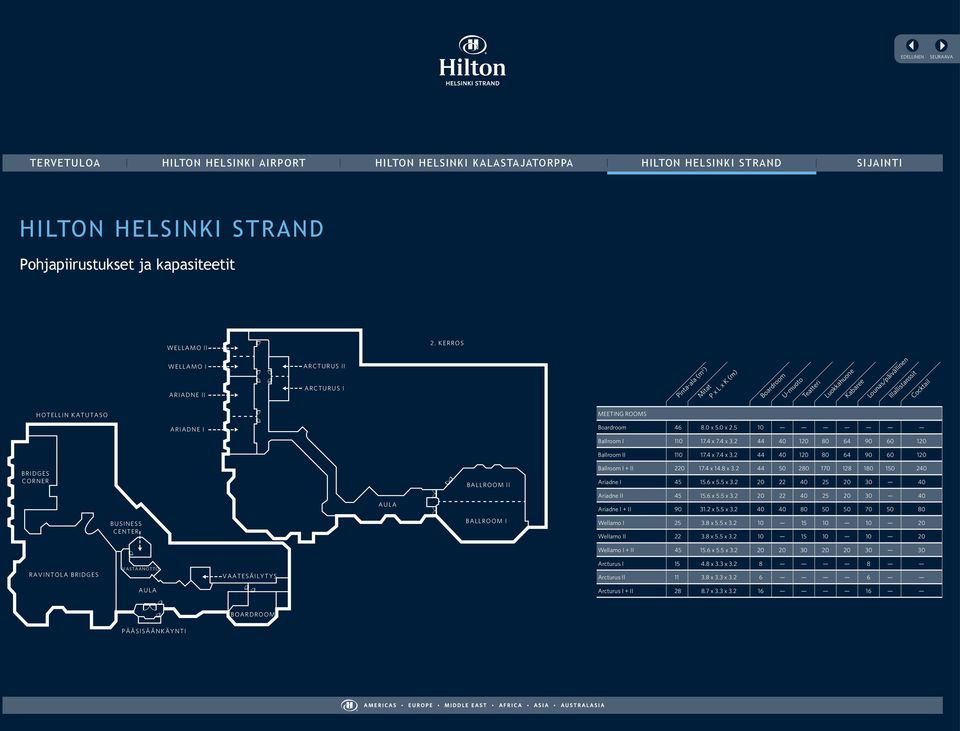 MEETING ROOMS ARIADNE l Boardroom 46 8.0 x 5.0 x 2.5 10 Ballroom I 110 17.4 x 7.4 x 3.2 44 40 120 80 64 90 60 120 Ballroom II 110 17.4 x 7.4 x 3.2 44 40 120 80 64 90 60 120 BRIDGES CORNER BALLROOM ll Ballroom I + II 220 17.