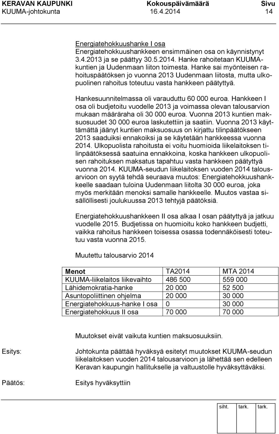 Hankkeen I osa oli budjetoitu vuodelle 2013 ja voimassa olevan talousarvion mukaan määräraha oli 30 000 euroa. Vuonna 2013 kuntien maksuosuudet 30 000 euroa laskutettiin ja saatiin.