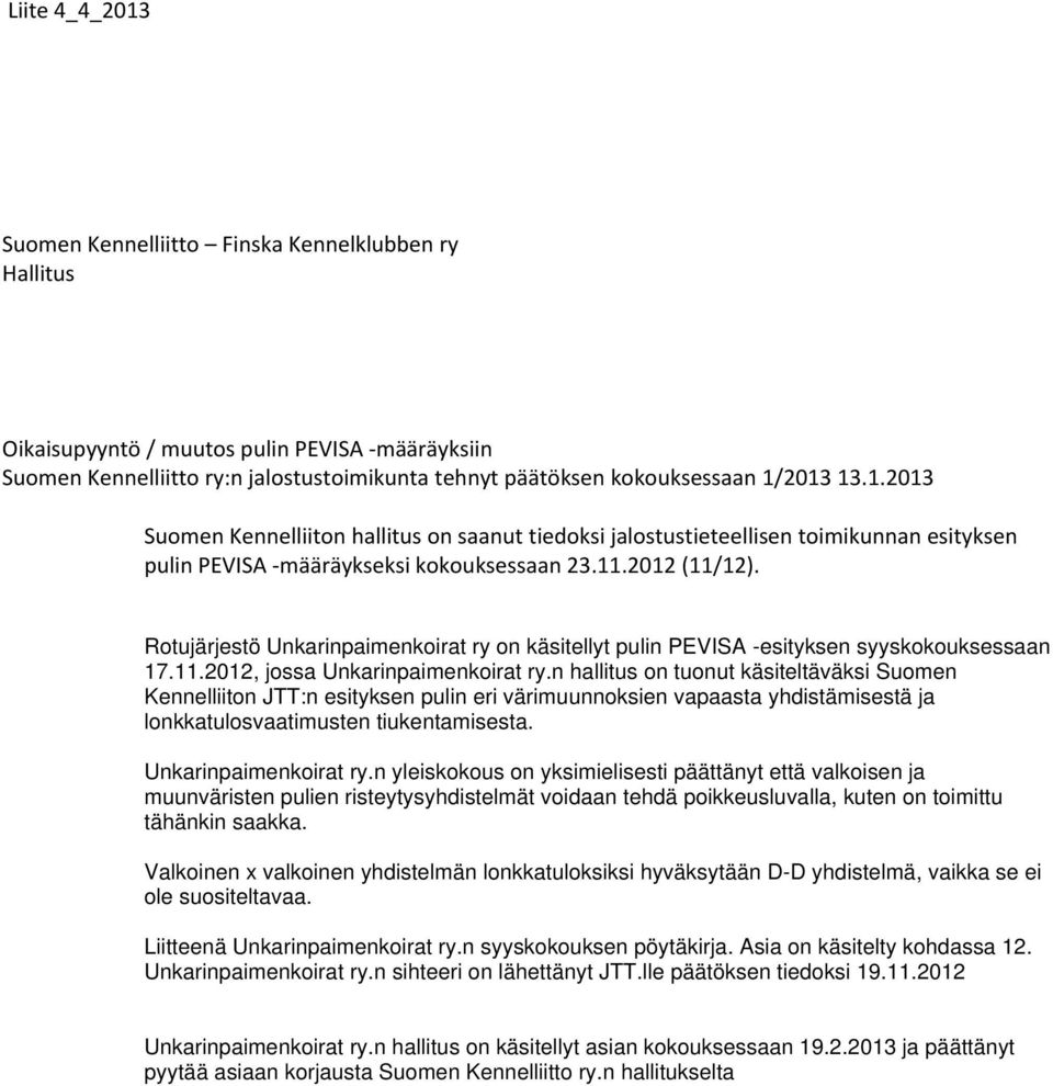 Rotujärjestö Unkarinpaimenkoirat ry on käsitellyt pulin PEVISA -esityksen syyskokouksessaan 17.11.2012, jossa Unkarinpaimenkoirat ry.