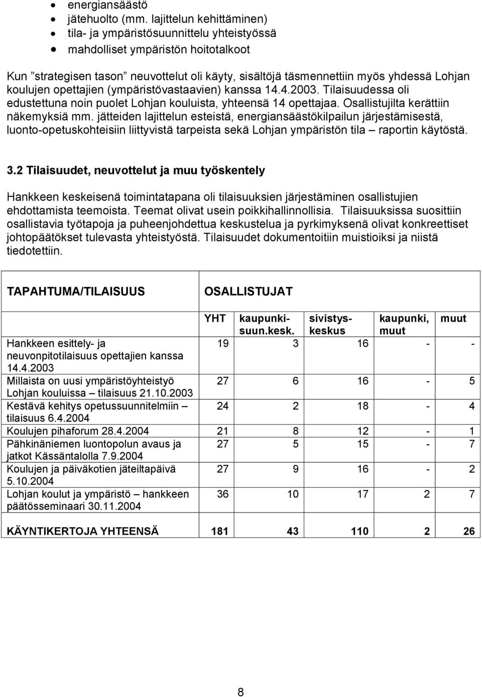 koulujen opettajien (ympäristövastaavien) kanssa 14.4.2003. Tilaisuudessa oli edustettuna noin puolet Lohjan kouluista, yhteensä 14 opettajaa. Osallistujilta kerättiin näkemyksiä mm.